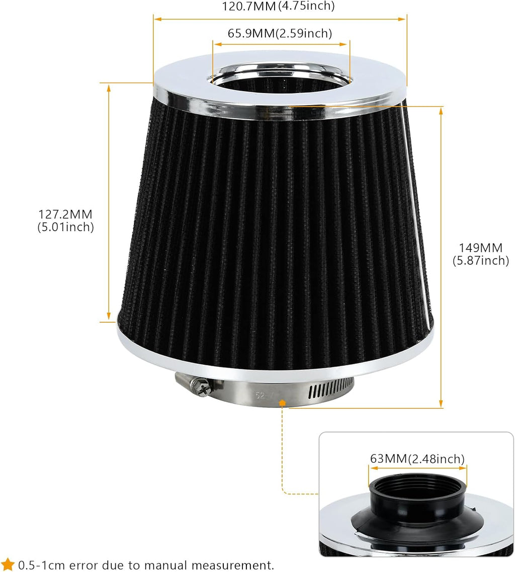PTNHZ Universal Balck 2.5" 63mm High Flow Cold Air Intake Cone Air Filter Power Intake Air Inlet System Air Cleaner