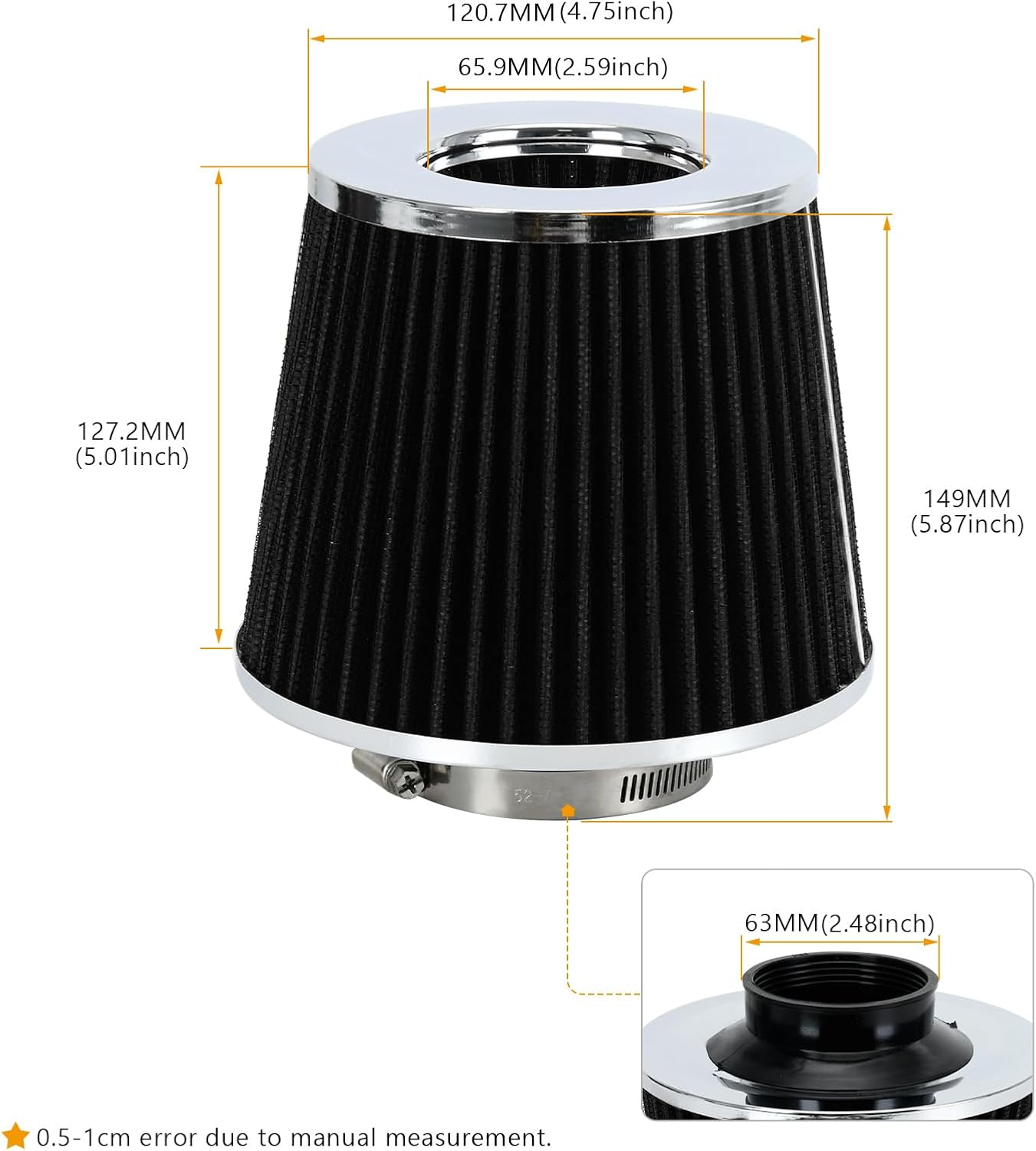 PTNHZ Universal Balck 2.5" 63mm High Flow Cold Air Intake Cone Air Filter Power Intake Air Inlet System Air Cleaner