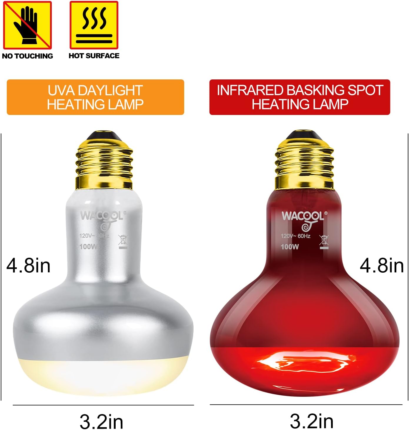 WACOOL 2Pack 100W Reptile Heat Lamp Day & Night Kit, Nature Simulated Basking Daylight & Nightlight Heat Lamp Bulbs for Reptiles & Amphibians, UVA Heat Lamp for Bearded Dragon Gecko Turtle Lizard