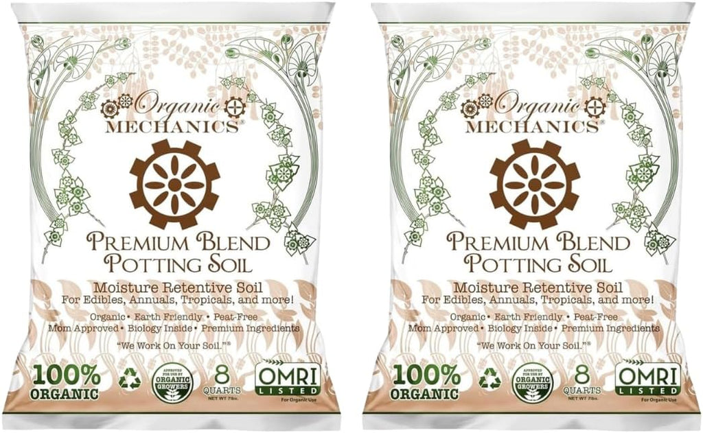 Organic Mechanics Premium Blend Potting Soil, 8 qt (Pack of 2) - Moisture-Retentive, Peat-Free, Compost - Enriched Mix with Worm Castings & Perlite for Houseplants, Annuals, Veggies & Tropical Plants