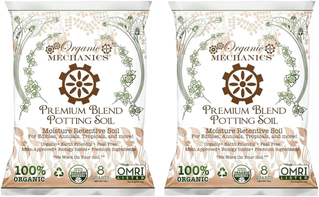 Organic Mechanics Premium Blend Potting Soil, 8 qt (Pack of 2) - Moisture-Retentive, Peat-Free, Compost - Enriched Mix with Worm Castings & Perlite for Houseplants, Annuals, Veggies & Tropical Plants