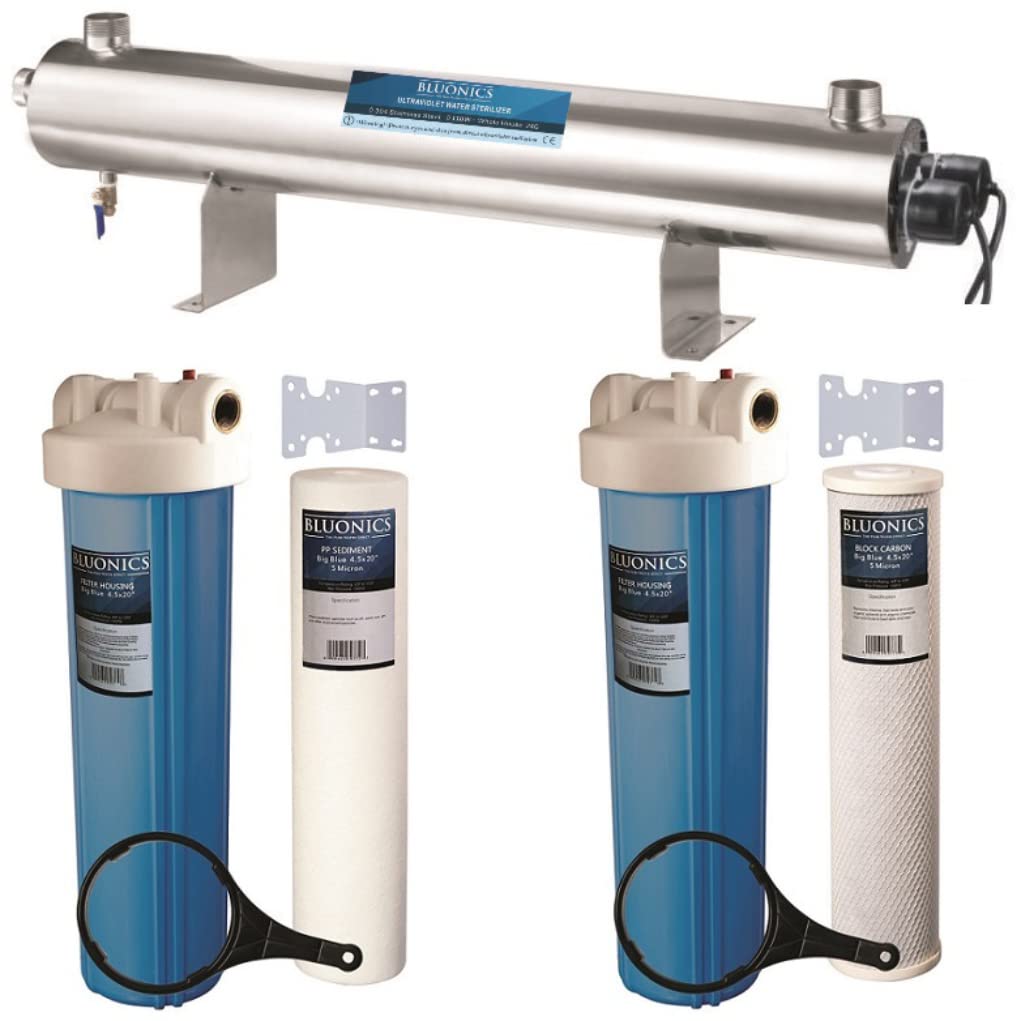 Bluonics 110W UV Water Ultraviolet 24GPM Plus Sediment and Carbon Well Water Purifier System Size 4.5" X 20" Filters for Large Home and Commercial