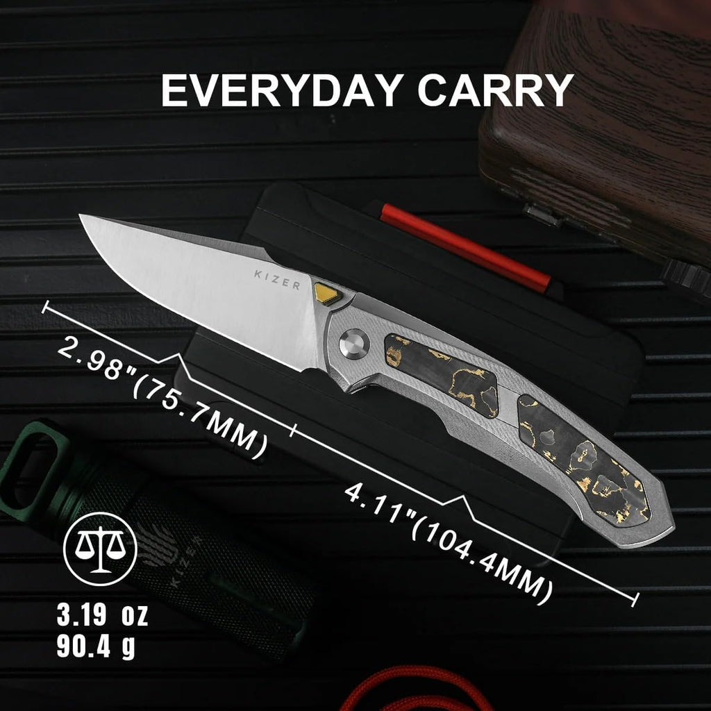 Kizer Feweed Pocket Knife, 2.98" Z-Wear PM Clip Point Blade Folding Knife with Titanium Handle with CamoCarbon Gold, Front Flipper & Thumb Stud Opener EDC Knives for Camping Hiking KI3694A4