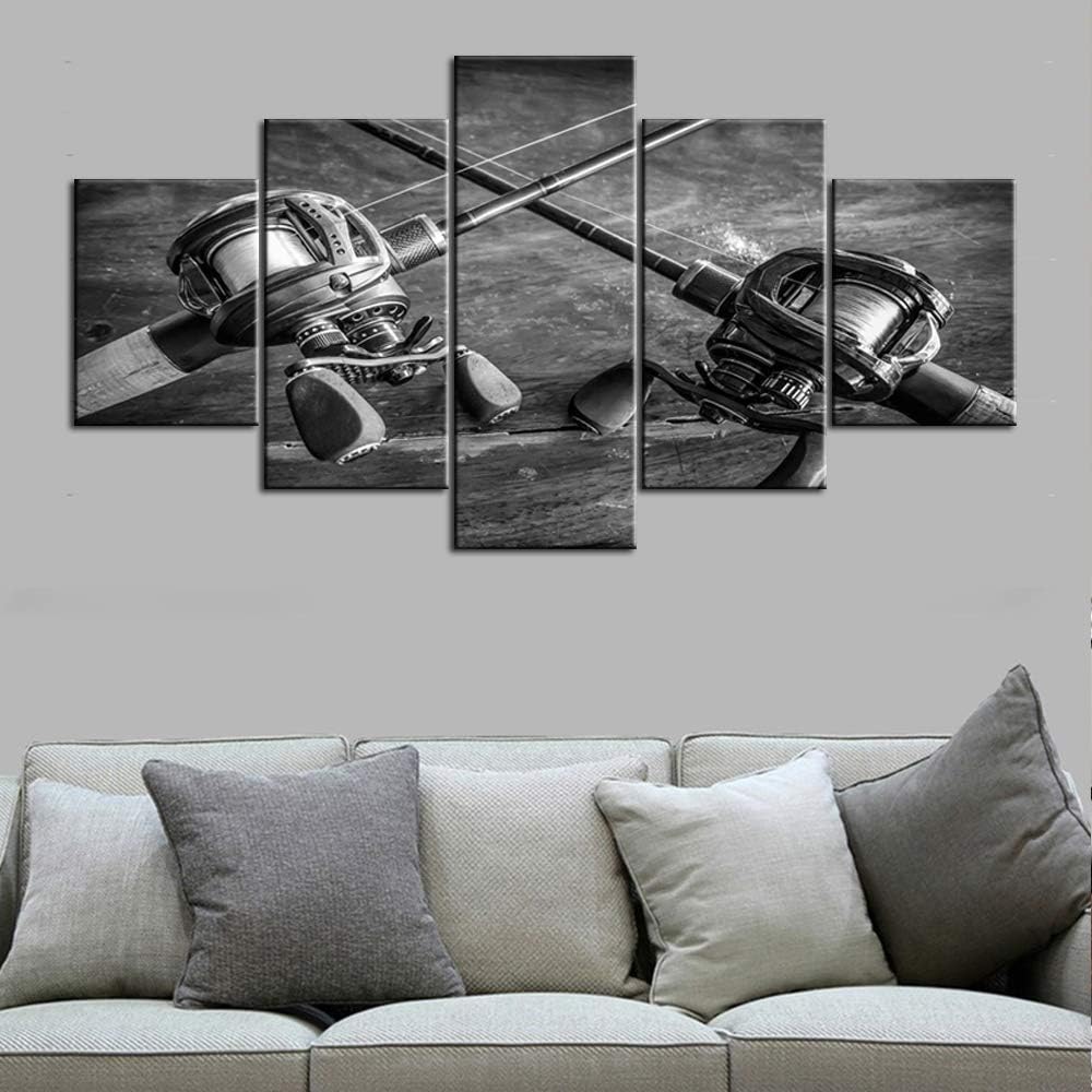 Fish Wall Decor Fishing Rod and Reel Pictures Angling Accessories Paintings Multi Panel Canvas Wall Art for Living Room Home Modern Decor Vintage Artwork Framed Stretched Ready to Hang(60”WX32”H)