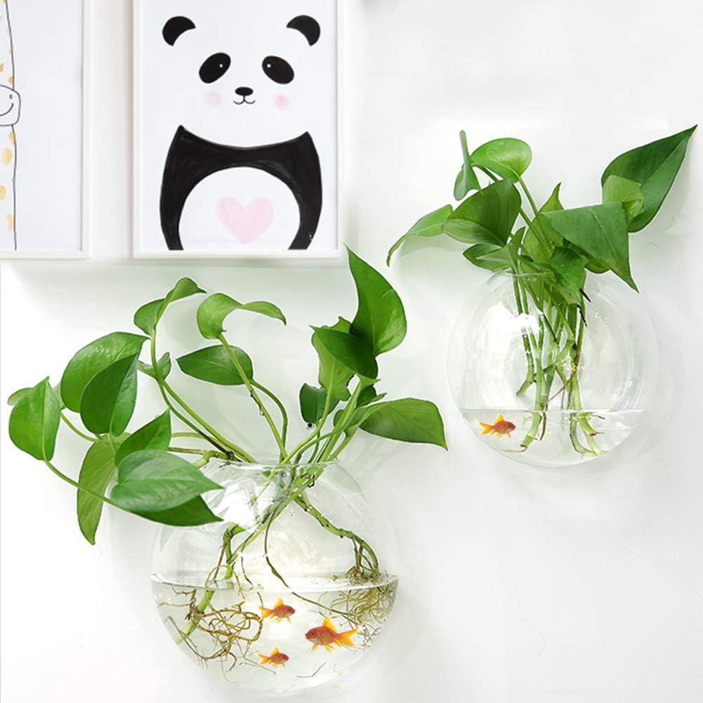 2Pcs 9in Wall Fish Tank, 0.5 Gallon Wall Fish Bubble Hanging, Wall Fish Bowl Clear Acrylic Vase Flower Betta Fish Tank Wall-Mounted Aquarium Wall Plant Pot Decoration Planter