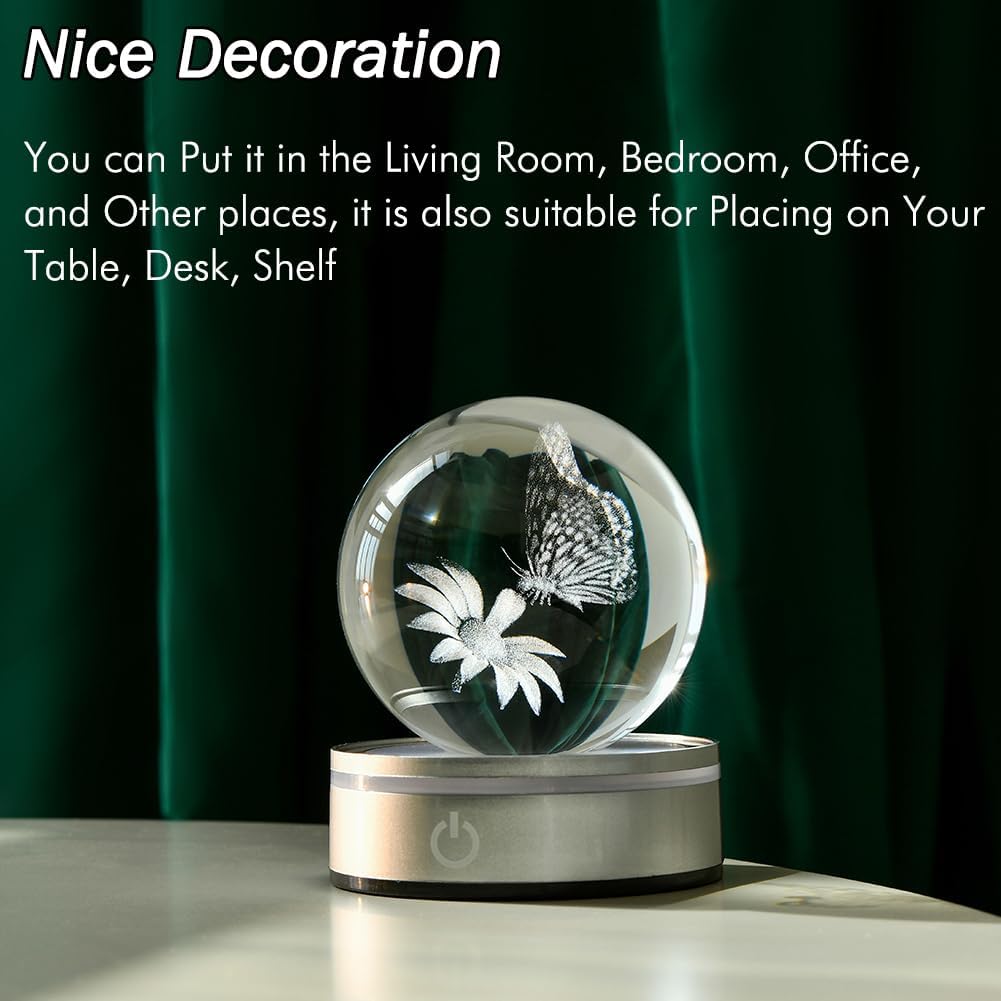 IFOLAINA 3D Butterfly Crystal Ball Decor Lamp Gifts Ideas for Girlfriend Wife Mom Couple Her Birthday Christmas Butterfly on Sunflower in Glass Ball