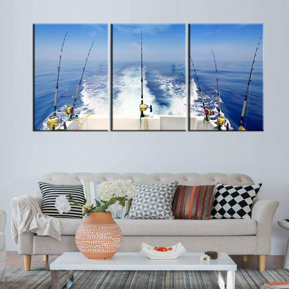 Wall Art for Living Room Fishing Gears and Fisherman Boat Pictures Blue Seascape Paintings Premium Quality Artwork on Canvas Bedroom House Decor Framed Ready to Hang Posters and Prints(60''Wx28''H)
