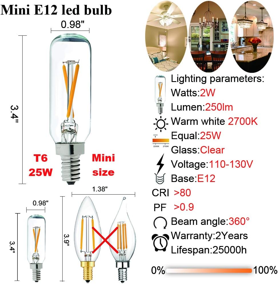 LiteHistory Dimmable T6 led Bulb 25W Candelabra led 2700K Clear 200lm 2W e12 T25 led Bulb 6Pack