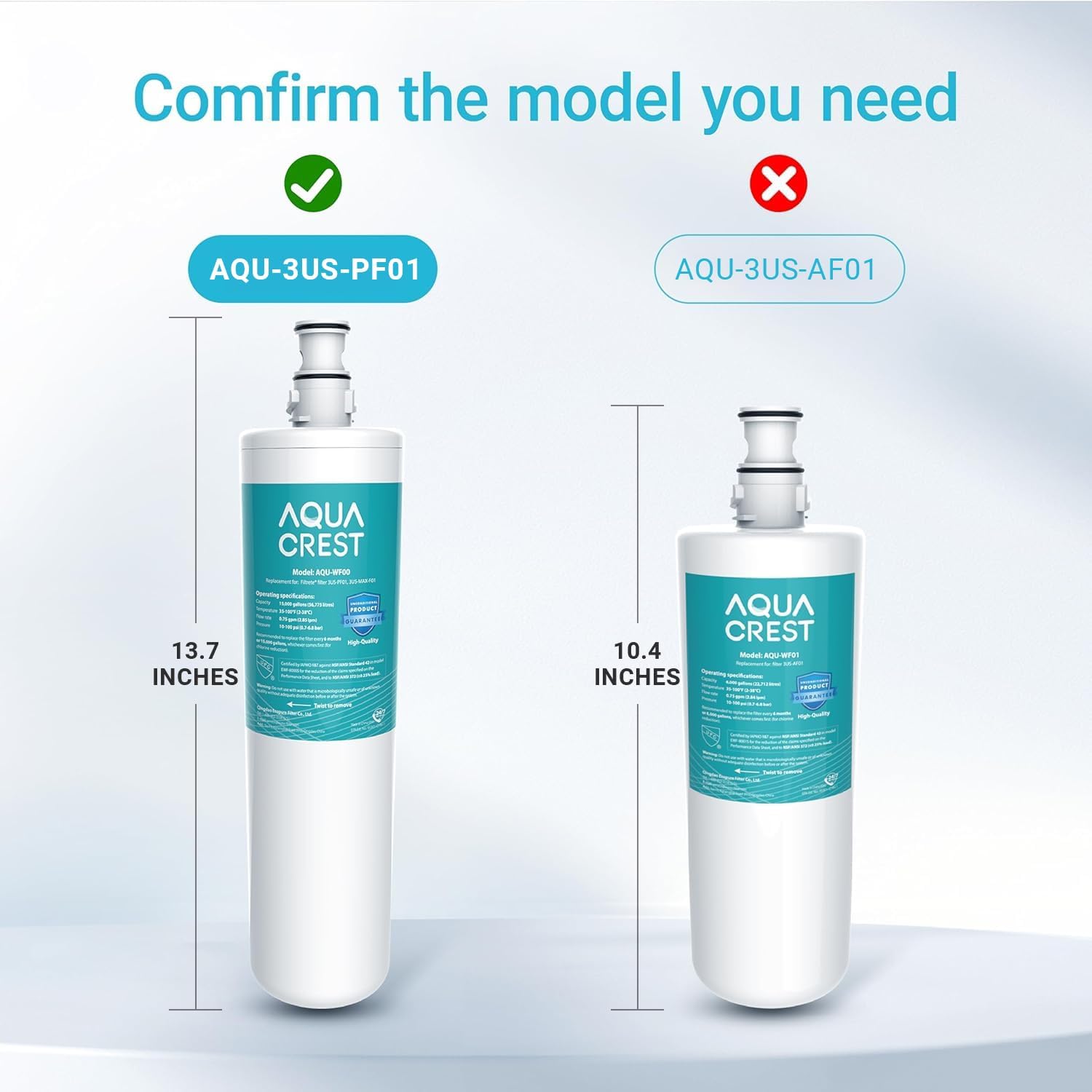 AQUACREST 3US-PF01 Under Sink Water Filter, NSF 42 Certified Replacement for Advanced 3US-PF01, 3US-MAX-F01H, 3US-PF01H, Delta RP78702, Manitowoc K-00337, K-00338 Water Filter (Pack of 2)