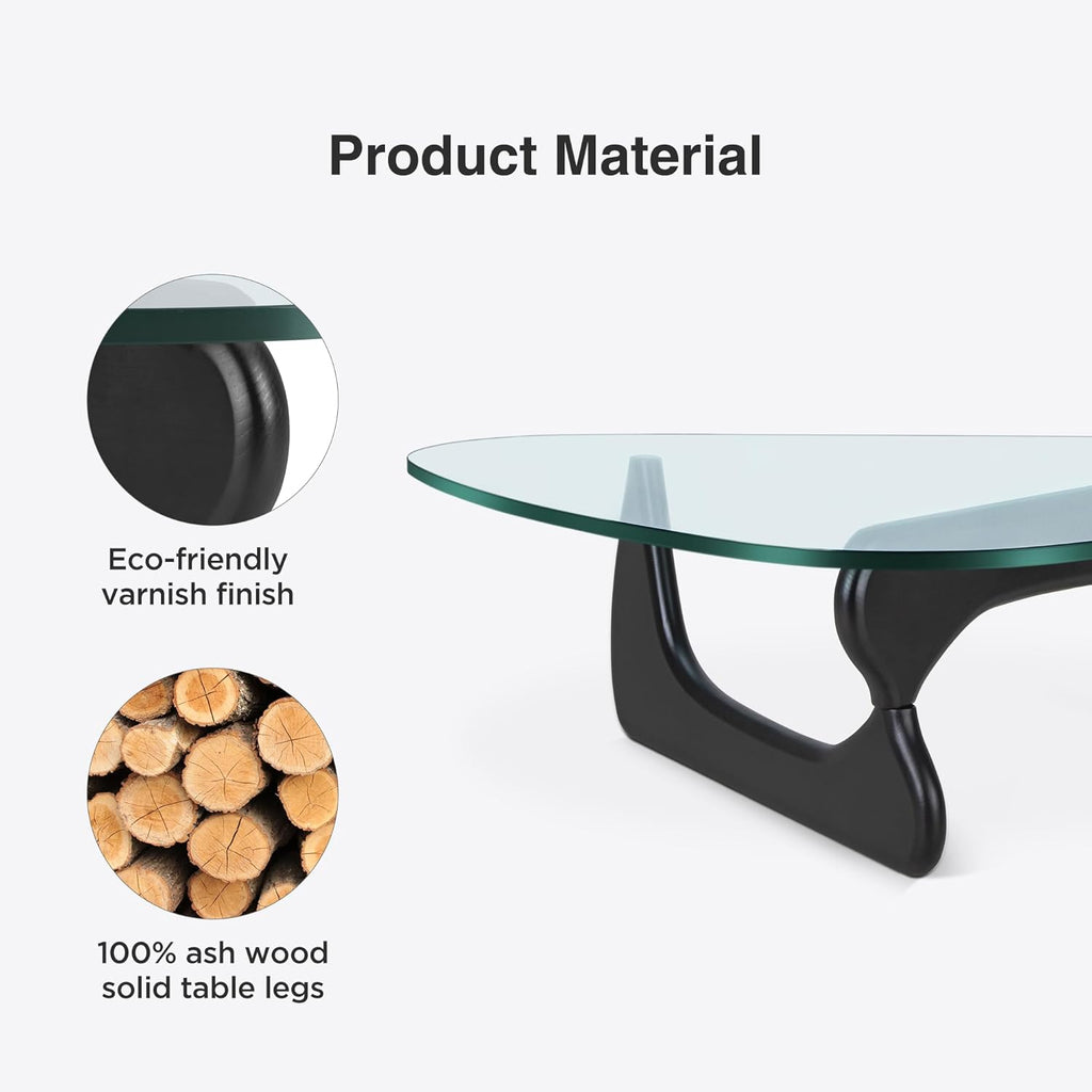 Triangle Glass Coffee Table Modern Noguchi Coffee Table, Vintage Glass, and Wood End Table, Solid Wood Base and Clear Glass Top Accent Coffee Table, for Living Room, Patio