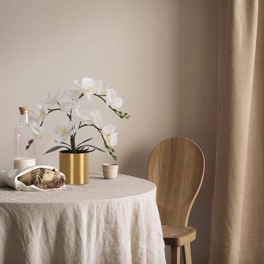 LESING Potted Artificial Orchid Flowers,Real Touch White Fake Artificial Orchid Flower in Gold Vase Arrangement for Table Living Room Decoration (White,Gold Vase)