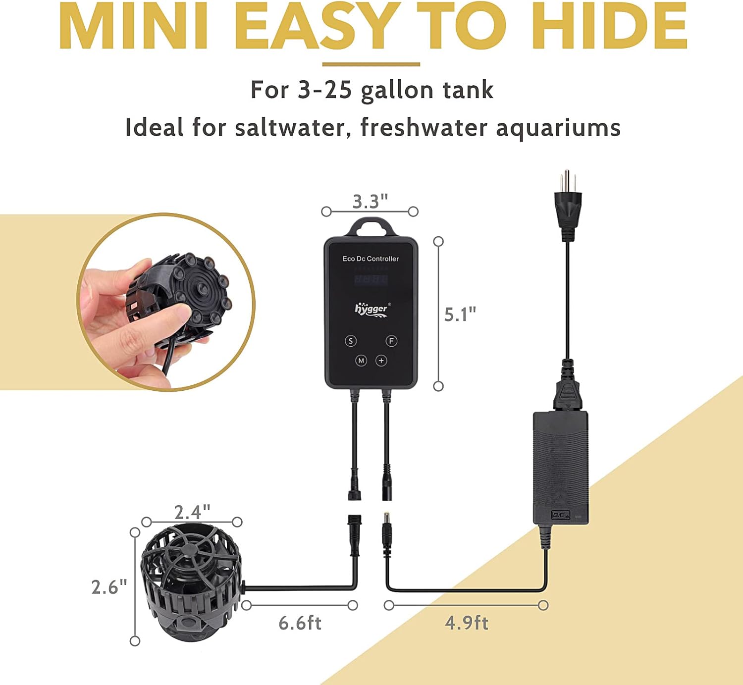 hygger Mini Wave Maker Aquarium Magnetic DC Powerhead with LED Display Controller for Saltwater Tank, 2600 GPH Aquarium Water Circulation Pump 26 to 55 Gallon Black