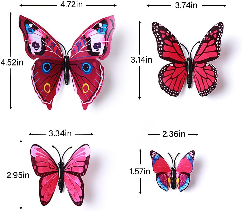 LiveGallery 72 PCS Rose Red Removable 3D DIY Beautiful Butterfly Wall Decals Colorful Butterflies Art Decor Wall Stickers Murals for Kids Baby Boy Girls Bedroom Classroom Offices (Rose Red)