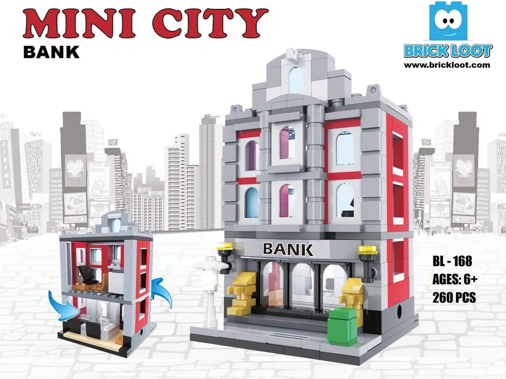 Brick Loot Mini City Bank Building Set – 260-Piece DIY Architecture Model Kit for Kids & Adults Ages 6+ – Compatible with Lego and Major Brands