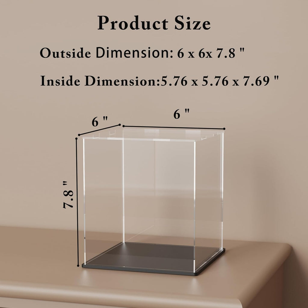 SVENJBB Acrylic Display Case, 6x6x7.8 Inch Rectangle, Clear Acrylic Boxes with Matte Black Base and Lid for Collectibles and Figures