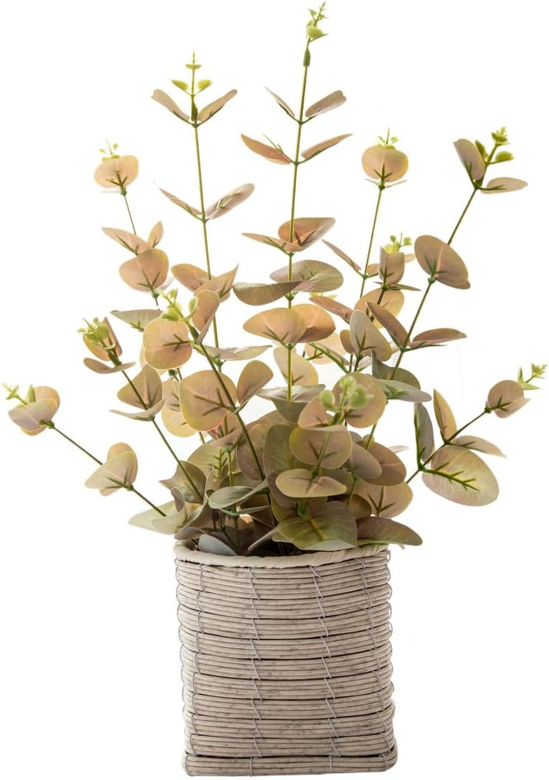 Small Fake Plants 16 Inch Eucalyptus Stems Artificial Plant in Offwhite Leather Woven Planter with Polished River Rocks Evergreen Faux Plant Indoor for Home Bathroom Kitchen Decor