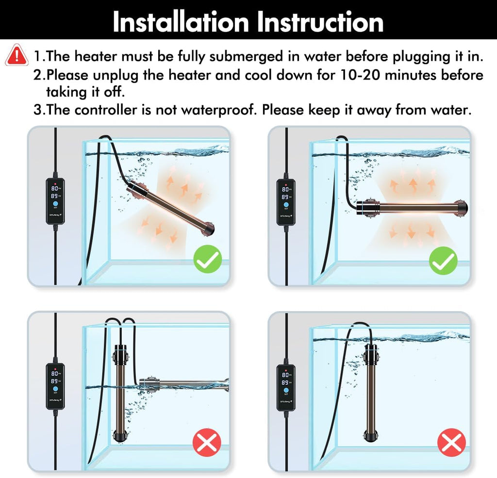 Orlushy 100W Submersible Aquarium Heater, Adjustable Fish Tank Heater with Digital Display External Controller, Overheat Protection and Free Thermometer for 10-20 Gallon Freshwater and Saltwater Tank