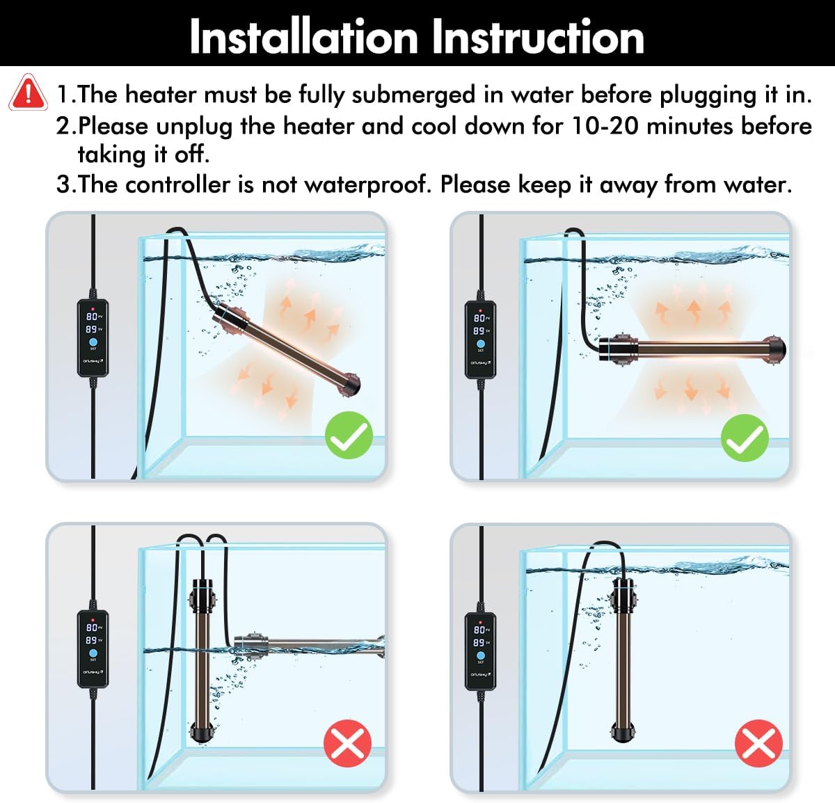 Orlushy 100W Submersible Aquarium Heater, Adjustable Fish Tank Heater with Digital Display External Controller, Overheat Protection and Free Thermometer for 10-20 Gallon Freshwater and Saltwater Tank