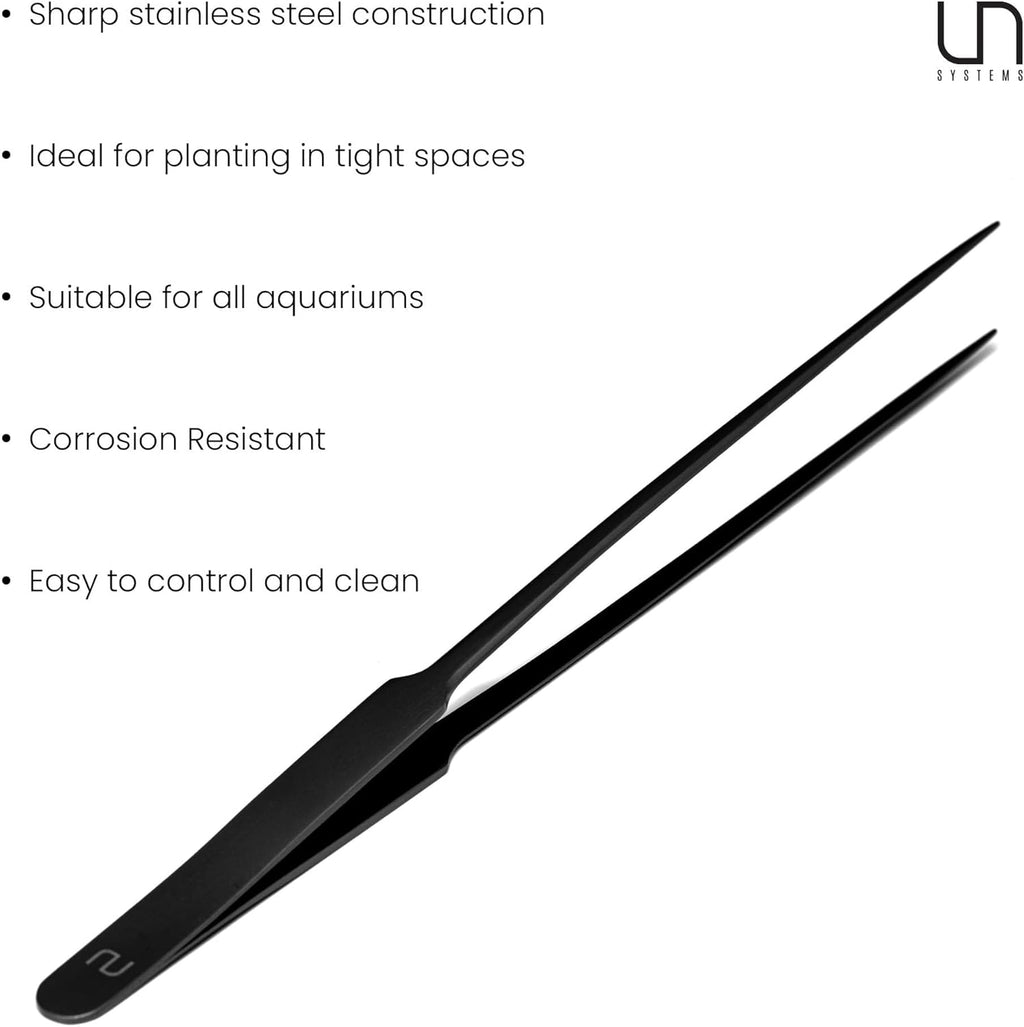 UNS Aquascaping Tools - Stainless Steel, Rust Resistant, Freshwater Planted Tank, Saltwater Reef Aquarium Maintenance Accessory - Planting, Coral Setting - Straight Pinsettes, Black
