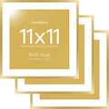 Homeforia 11x11 Picture Frame Gold, High End Metal 11 by 11 Square Frames with Mat 9 x 9 Photo, 11by11 Thin Poster Frame Matted to 9x9 inch Art, Wall Hanging Frames, Tempered Glass, Wall Kit, Set of 3