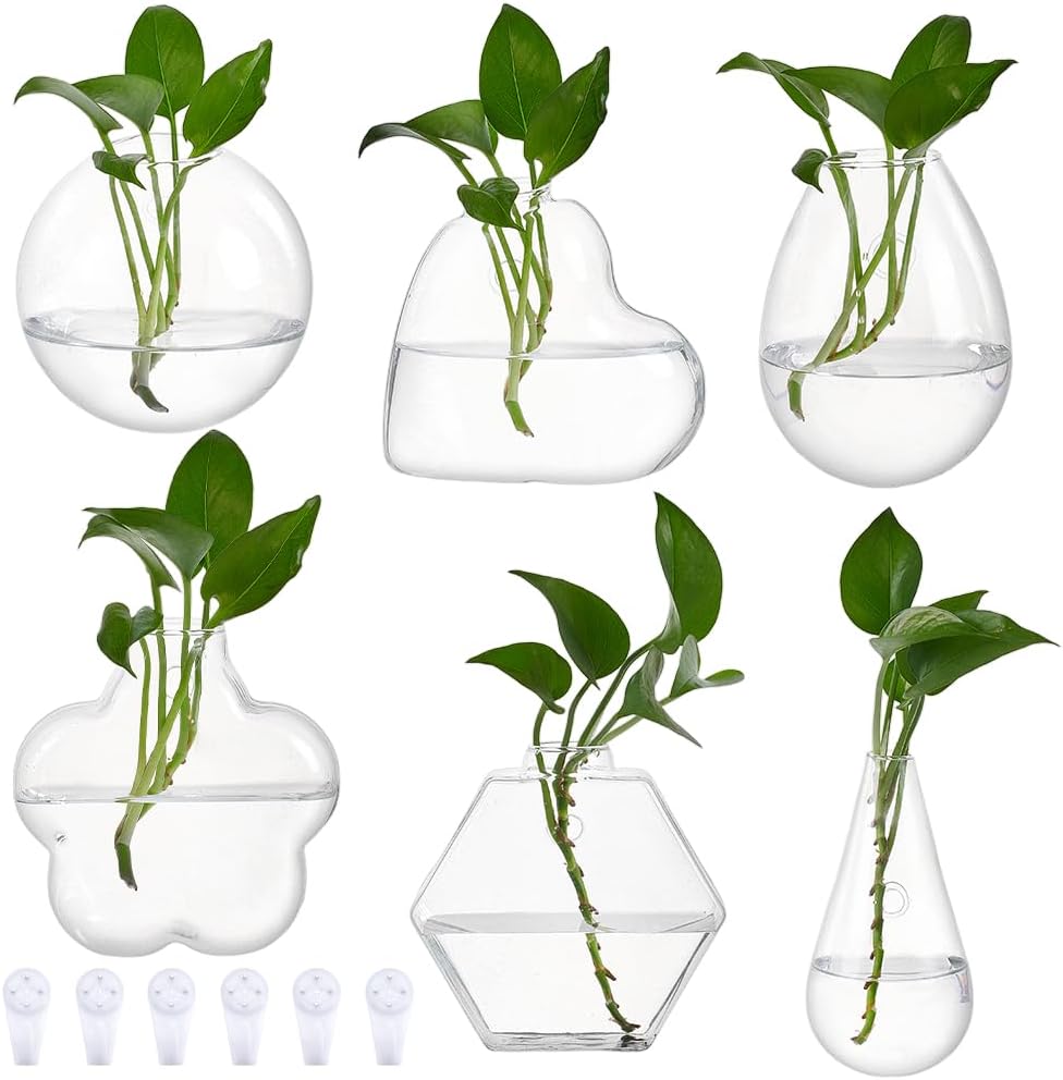 NBEADS 6 Pcs 6 Styles Wall Hanging Planter, Propagation Station Wall Planter Glass Hanging Vase for Indoor Plants, Home Living Room Office Decor