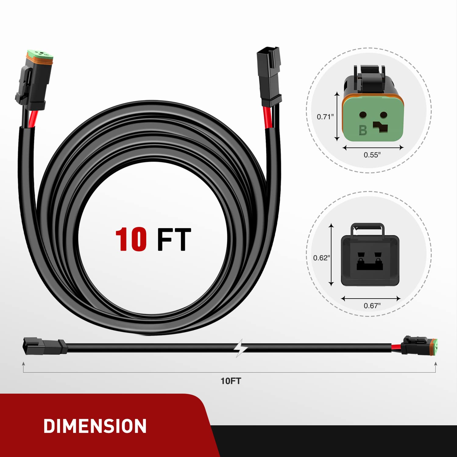 Nilight 2 PCS 16AWG 10 Feet Wiring Harness Extension Kit, Extended Plug and Play 2-pin Socket DT Connector Wire Cord for Offroad LED Light Bar Driving Fog Boat Work Lights