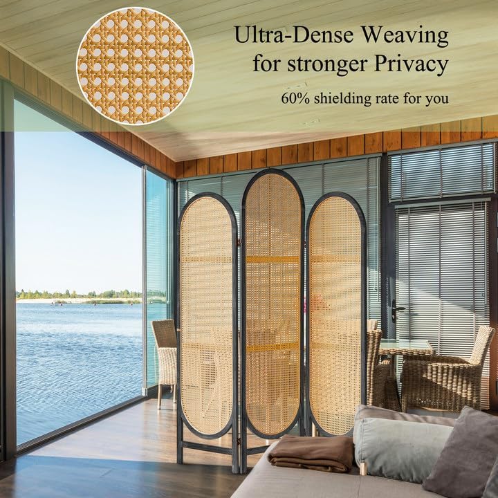 Room Divider Panel, 3 Panel Roomdivider Wall, Wood Room Dividers and Folding Privacy Screens, Rattan Partition Room Dividers, Privacy Dividers for Rooms, Bedroom, Dining Room, Black