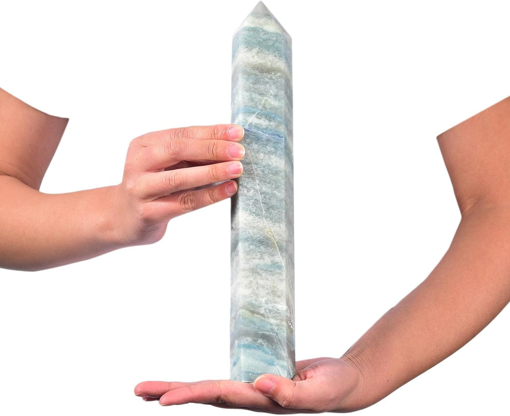 JIC Gem Large Trolleite Obelisk Tower Points Healing Crystal Wand 6 Faceted Blue Quartz Crystals Tower Wand Home Decor Reiki Healing 2.6-3.0 Lbs