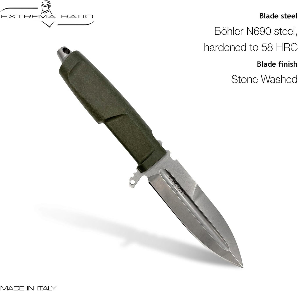 Extrema Ratio - Contact C (Ranger Green) Fixed Blade Knife, Böhler N690 Steel Blade Hardened to 58 HRC, Stone-Washed Finish, Full-Tang Design, Ergonomic Forprene Handle, Precision Handcrafted in Italy, Durable and Reliable