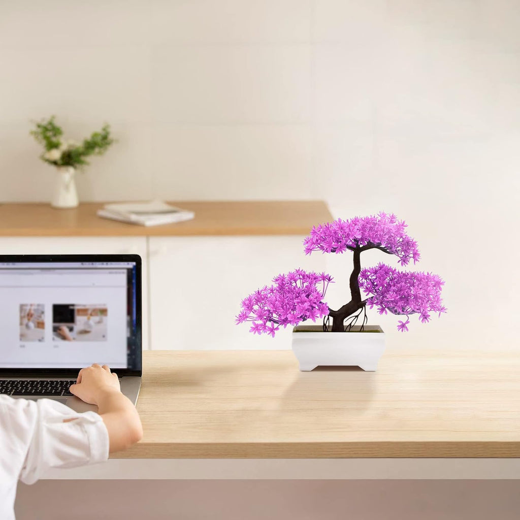 Mini Artificial Bonsai Tree Plants with Plastic Cement Pots for Home Office Décor(Magenta)