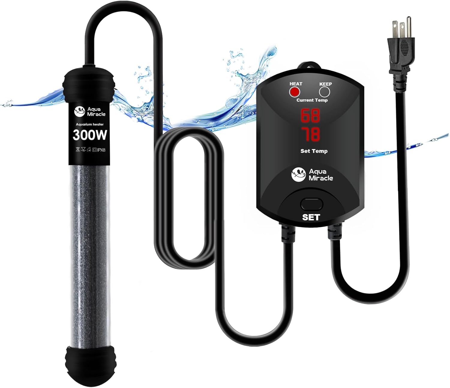 AquaMiracle Upgraded 300W Aquarium Heater Fish Tank Heater Turtle Heater Super Compact Aquarium Heater, Dry-Run/Overheating Protection and Memory Function, Dual LED Display, for 40-60 Gal Tanks