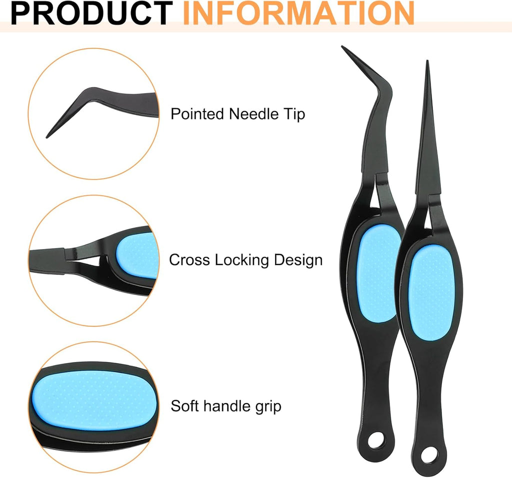 HARFINGTON 2pcs Craft Tweezers Precision Crossing Lock Curved Straight Stainless Steel Soft Reverse Grip Fine Tip Tweezers for DIY Craft Jewelry Beading Electronics, Black Blue