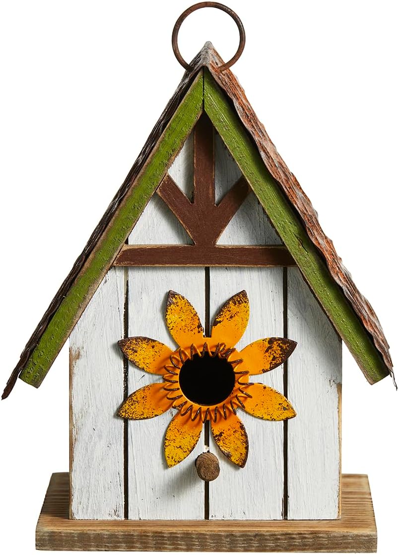 Glitzhome Bird Houses for Outside, Blue Bird Houses for Outdoors, 8.25" H Solid Wood Decorative Hanging Bird House Distressed Cottage Outdoor Garden Birdhouse with 3D Metal Roof and Flower