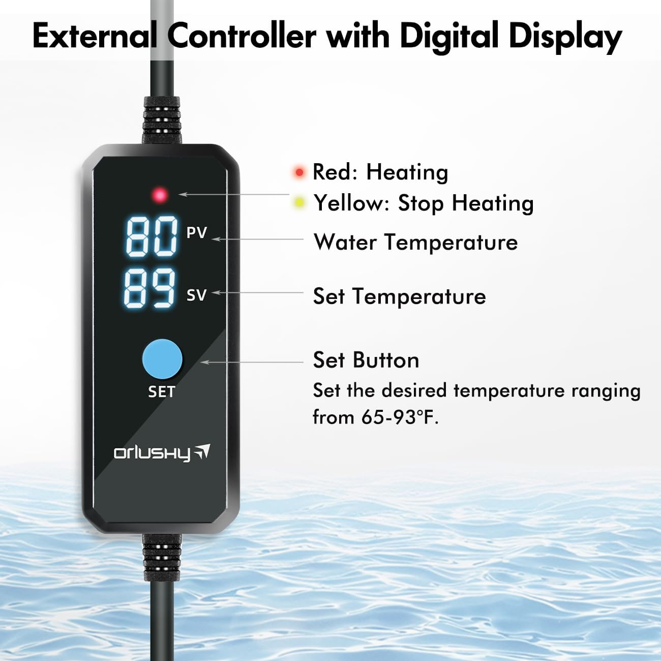 Orlushy 100W Submersible Aquarium Heater, Adjustable Fish Tank Heater with Digital Display External Controller, Overheat Protection and Free Thermometer for 10-20 Gallon Freshwater and Saltwater Tank