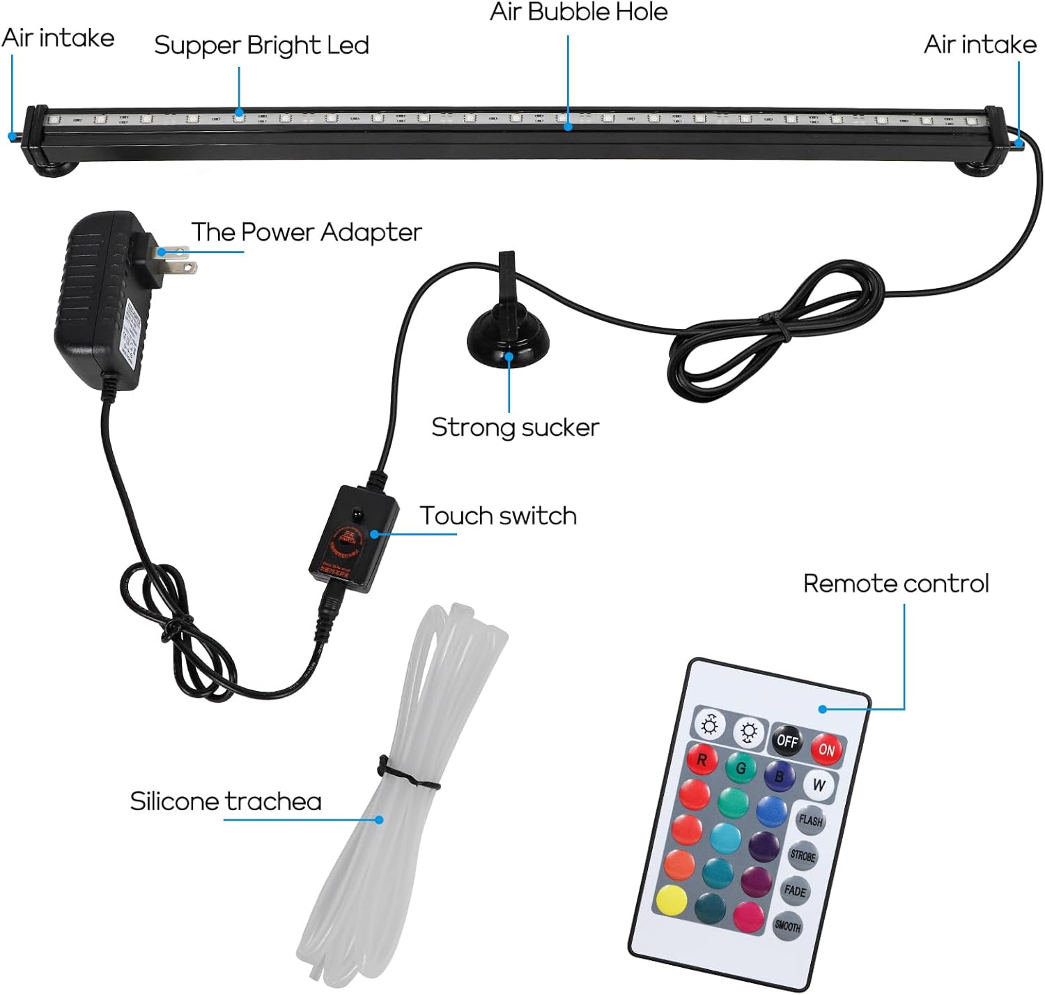 Submersible Aquarium Light, Fish Tank Light with Air Bubble Hole, RGB Color Changing Brightness Adjustable IP68 Waterproof Remote Control LED Light for Aquarium Fish Tank 20 inch