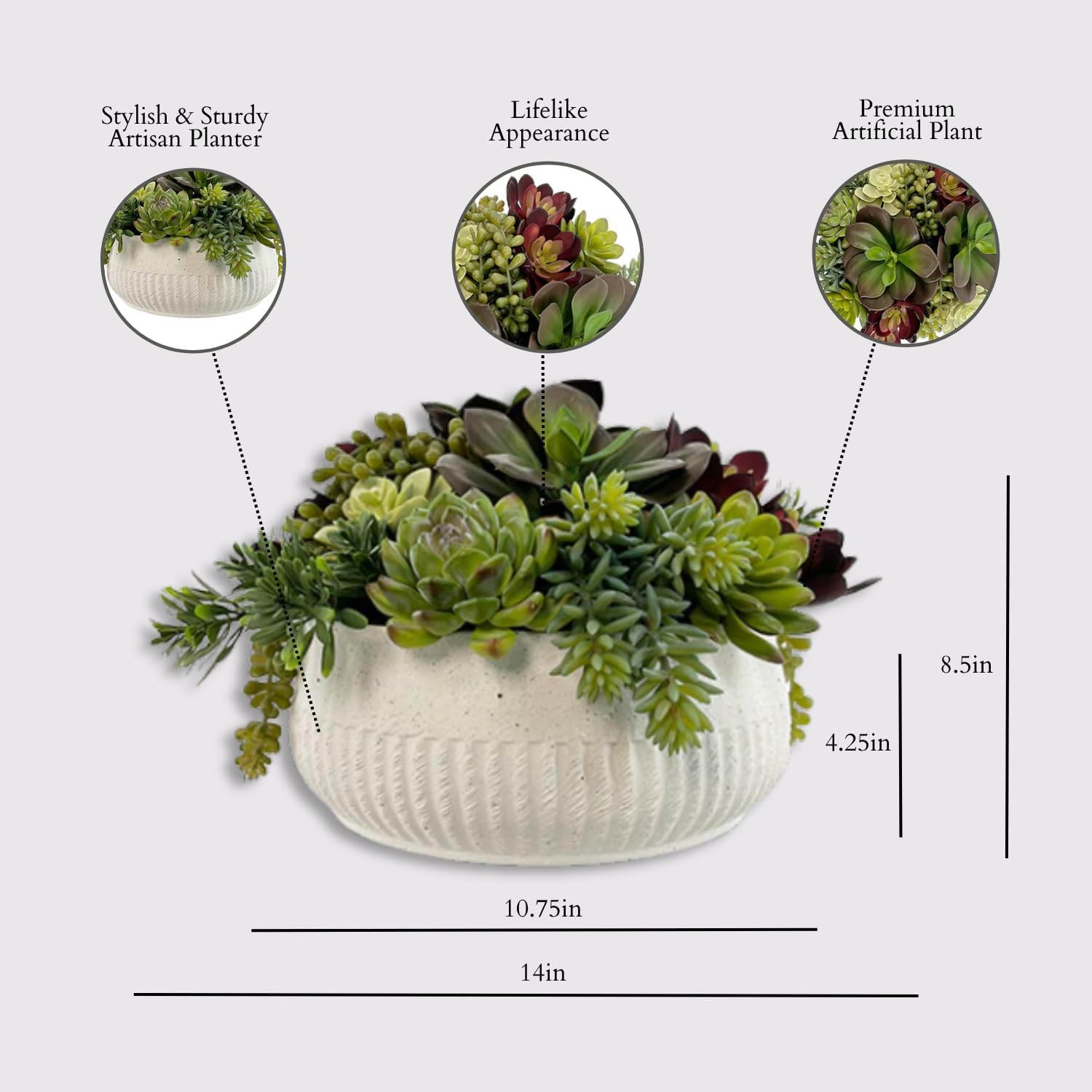 Round Faux Succulent Arrangement, 12" Premium Artificial Indoor Plant Enhances Interior Design, Display on any Surface in Your Home Adding an Inviting Touch of Nature, White Planter Pot Included