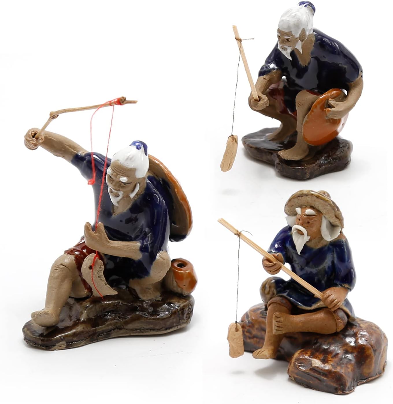3 PCS Fisherman Statue Fishing Ornament Bonsai Tree Pot Chinese Clay Man Ceramic Fishing Ornament Garden Decoration Fish Tank Bonsai Garden Decoration