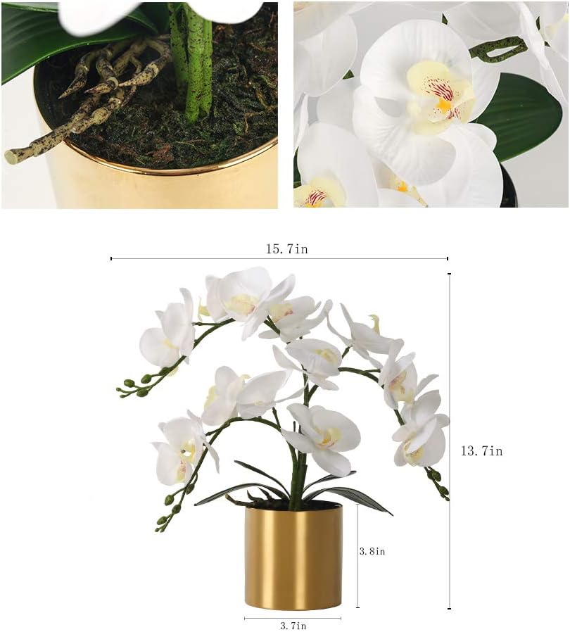 LESING Potted Artificial Orchid Flowers,Real Touch White Fake Artificial Orchid Flower in Gold Vase Arrangement for Table Living Room Decoration (White,Gold Vase)