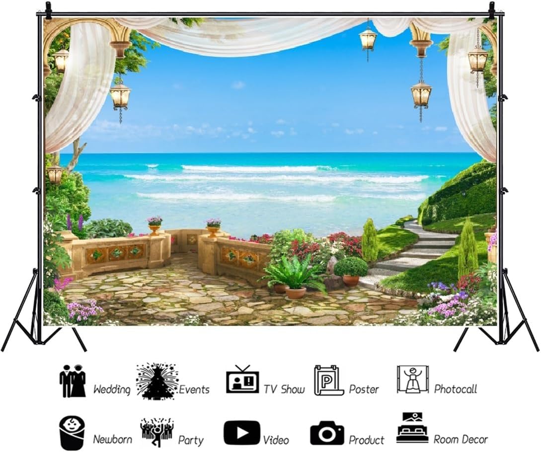 10x6.5ft Garden Backdrop Vintage Summer Scenery Seaside Landscape Wall Backdrop for Photography Backdrops Green Grass Flowers Blue Sea Romantic Wedding Photography Background Photo Booth Props
