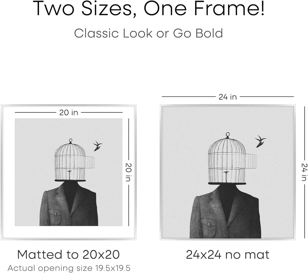 Homeforia 24x24 Silver Picture Frame, High End Metal 24 x 24 Large Square Silver Frames with Mat 20 by 20 inch Photo, 24by24 Thin Poster Frame Matted to 20x20 Print, Tempered Glass, Wall Kit, Set of 3