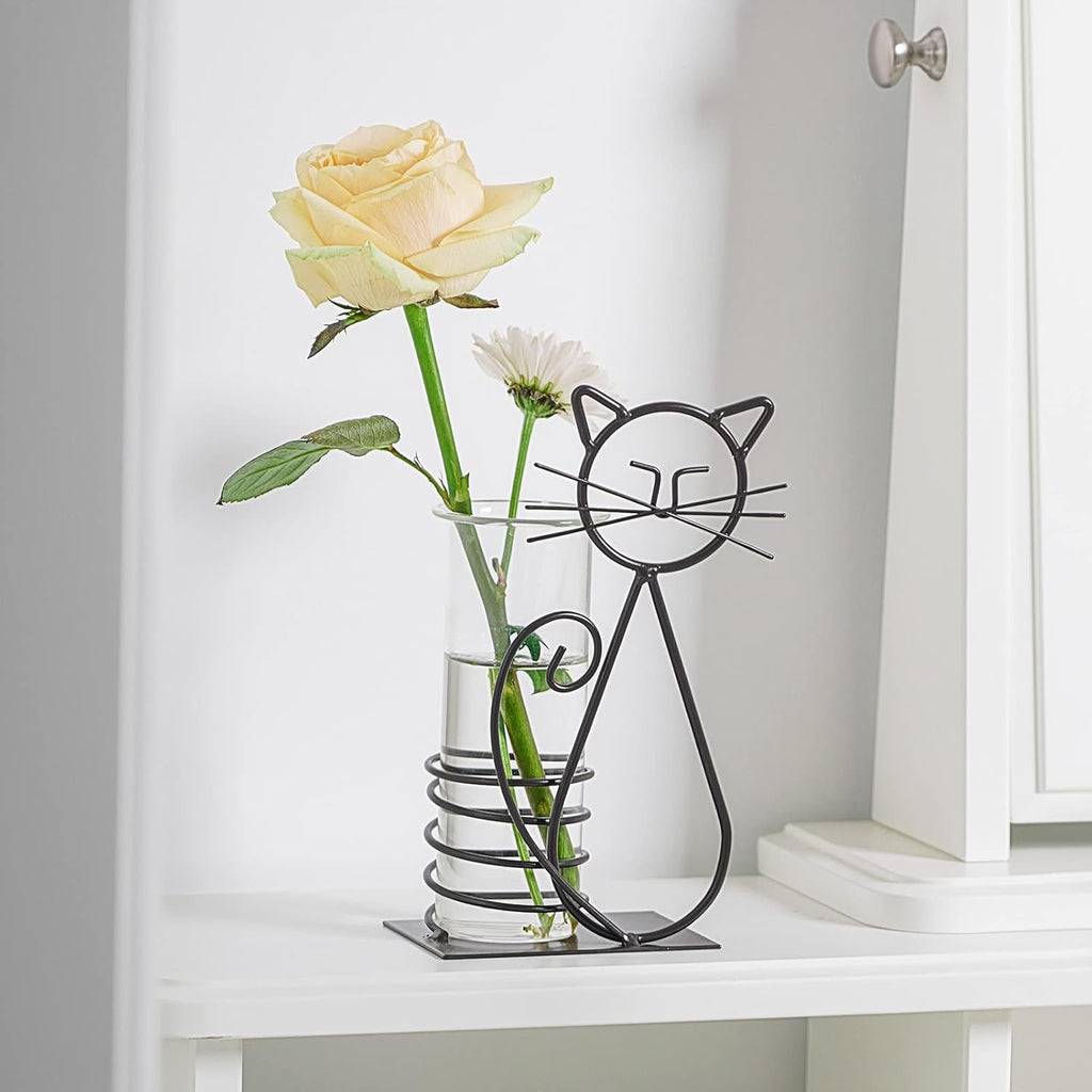 Marbrasse Desktop Glass Planter Hydroponics Vase,Planter Bulb Vase with Holder for Home Decoration,Modern Creative Cat Plant Terrarium Stand, Scindapsus Container (Lovely Cat)