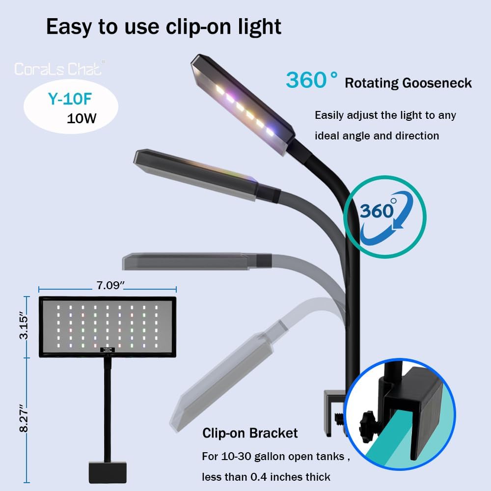 Aquarium Light, 3 Mode Clip on Fish Tank Light with Timer Function, Full Spectrum Aquarium Plant Light, Adjustable Brightness, for 10-20 Inch Fish Tank