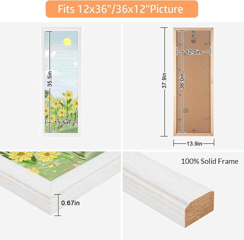 12x36 Wood Frame White, Modern Natural Woodgrain 36x12in Picture Frame, Rustic Wooden 12 x 36 inch Gallery Wall Photo Poster Frame with HD Plexiglass, Horizontal Vertical Wall Mounting Display 1pcs