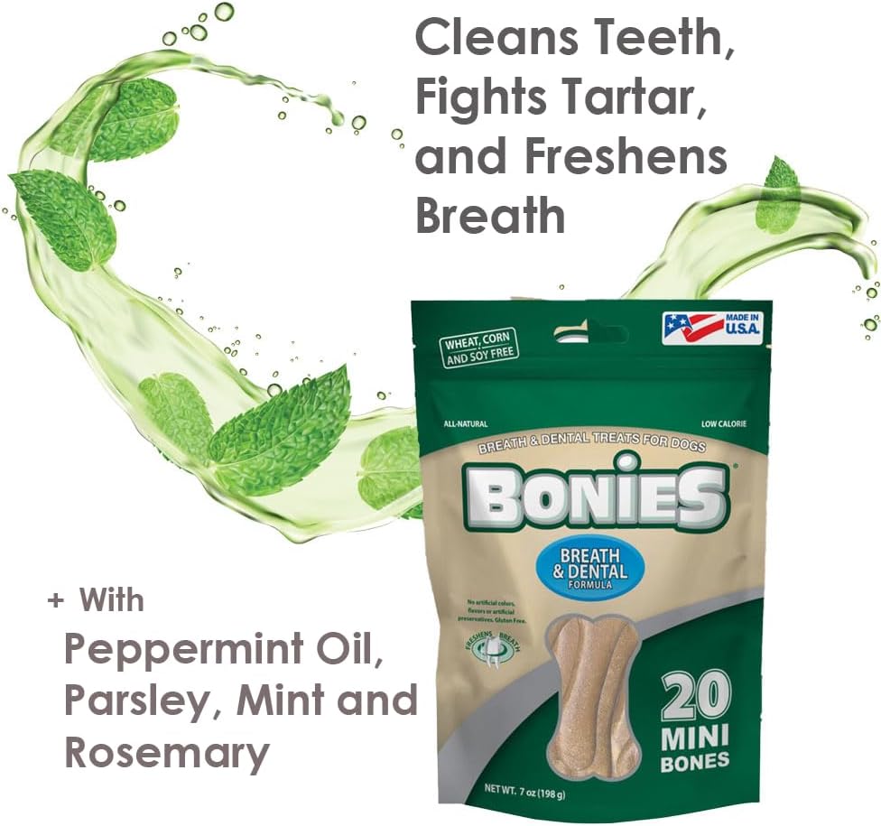 Bonies Natural Breath and Dental Formula Minis-Sized Single Bone - All-Natural Ingredients, Fresh Breath, Cleans Teeth, Low Calories, Chicken Flavor, MINI Dogs, 20 Bones (Pack of 2)