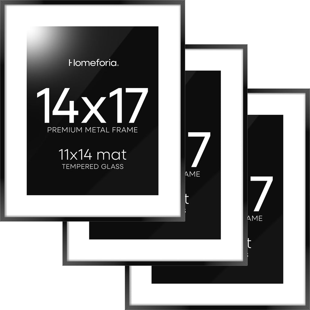Homeforia 14x17 Picture Frame Black, High End Metal 14 x 17 Poster Frames with Mat 11 x 14 for Photo, 14x17 Black Frame Matted to 11x14 inch Print, 17x14 Thin Frame, Tempered Glass, Wall Kit, Set of 3