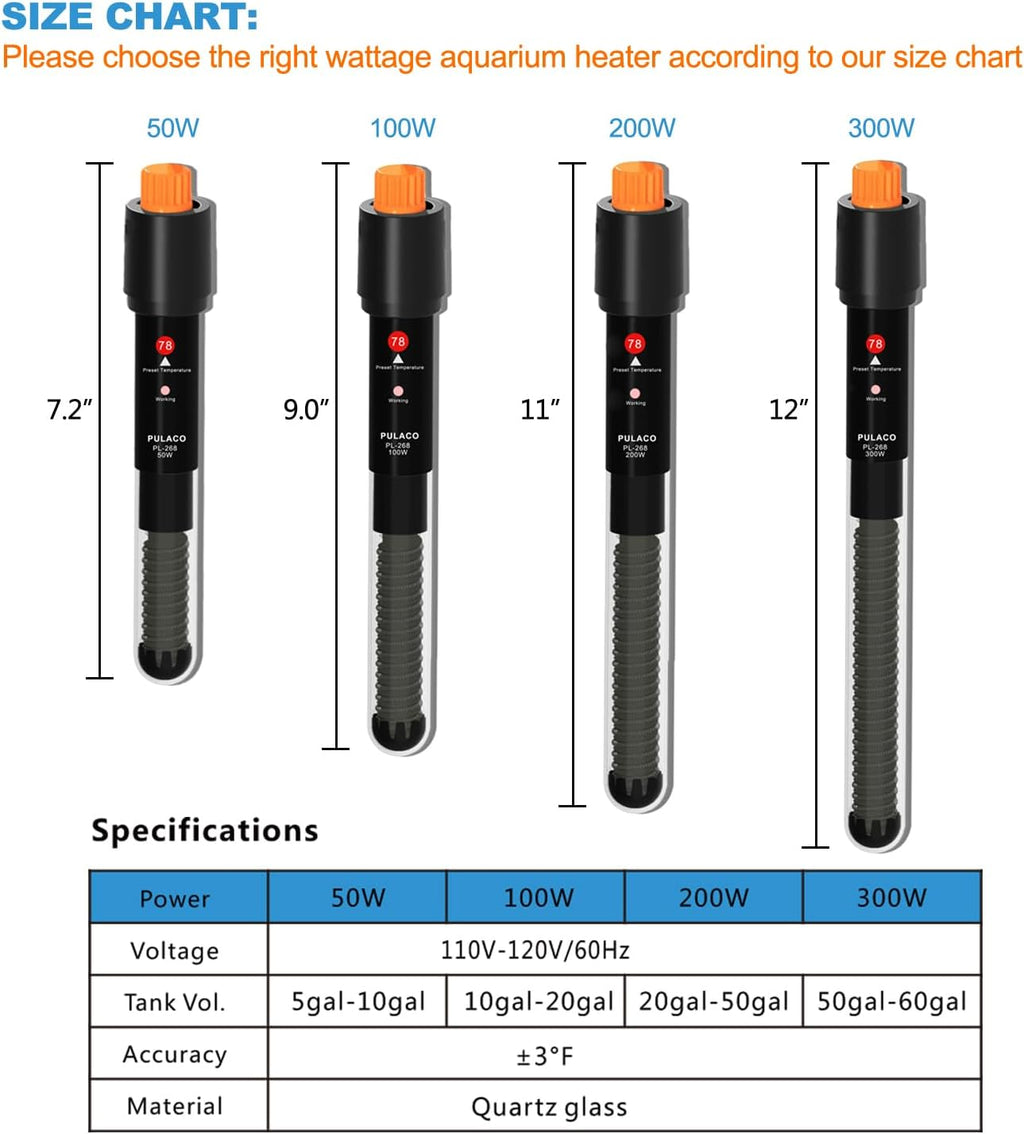 PULACO 100Watt Aquarium Heater for 10-20gallon Fish Tank, Adjustable Submersible Heater Thermostat with Thermometer Strip and Suction Cup