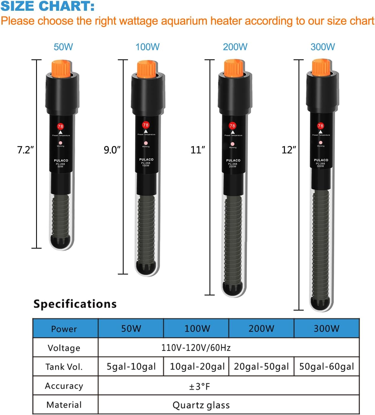 PULACO 100Watt Aquarium Heater for 10-20gallon Fish Tank, Adjustable Submersible Heater Thermostat with Thermometer Strip and Suction Cup
