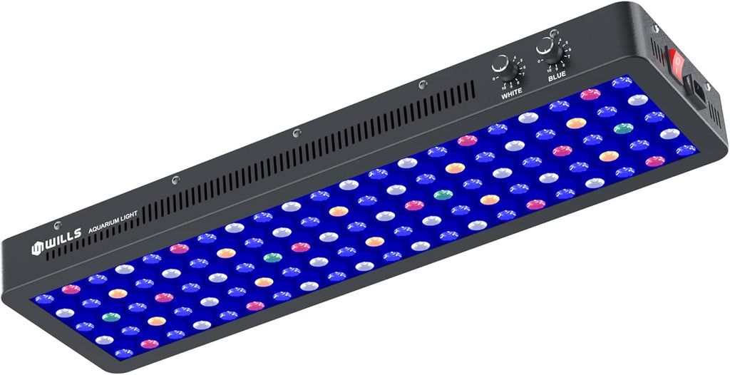 WILLS Full Spectrum Aquarium Light, Reef Lights for Coral with Dual Dimmable Channels, 105 Premium SMD Chips, Daisy Chain Design, Hanging Saltwater Fish Tank Light for SPS/LPS Coral Reef (300W/Black)
