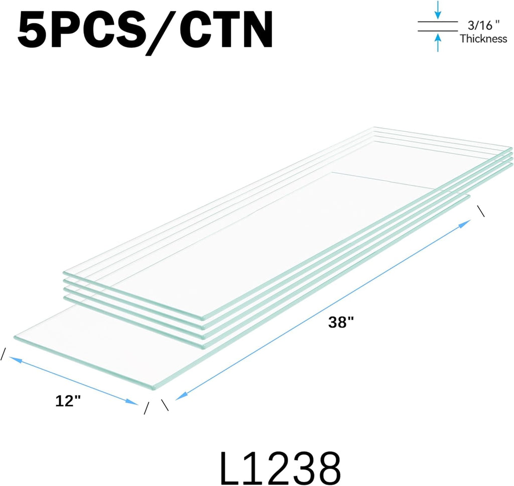12" W x 38" L - Tempered Rectangle Glass Shelf Without Frame (5 Pieces Set) - 3/16" Thick -Pencil Polished