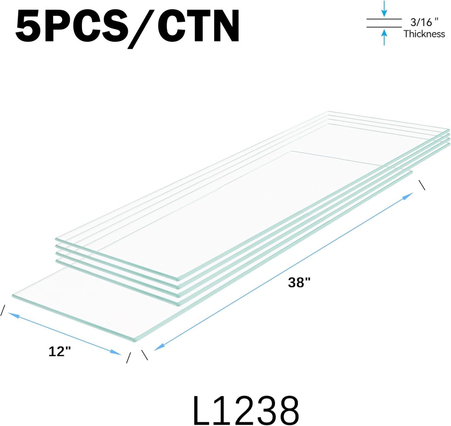 12" W x 38" L - Tempered Rectangle Glass Shelf Without Frame (5 Pieces Set) - 3/16" Thick -Pencil Polished